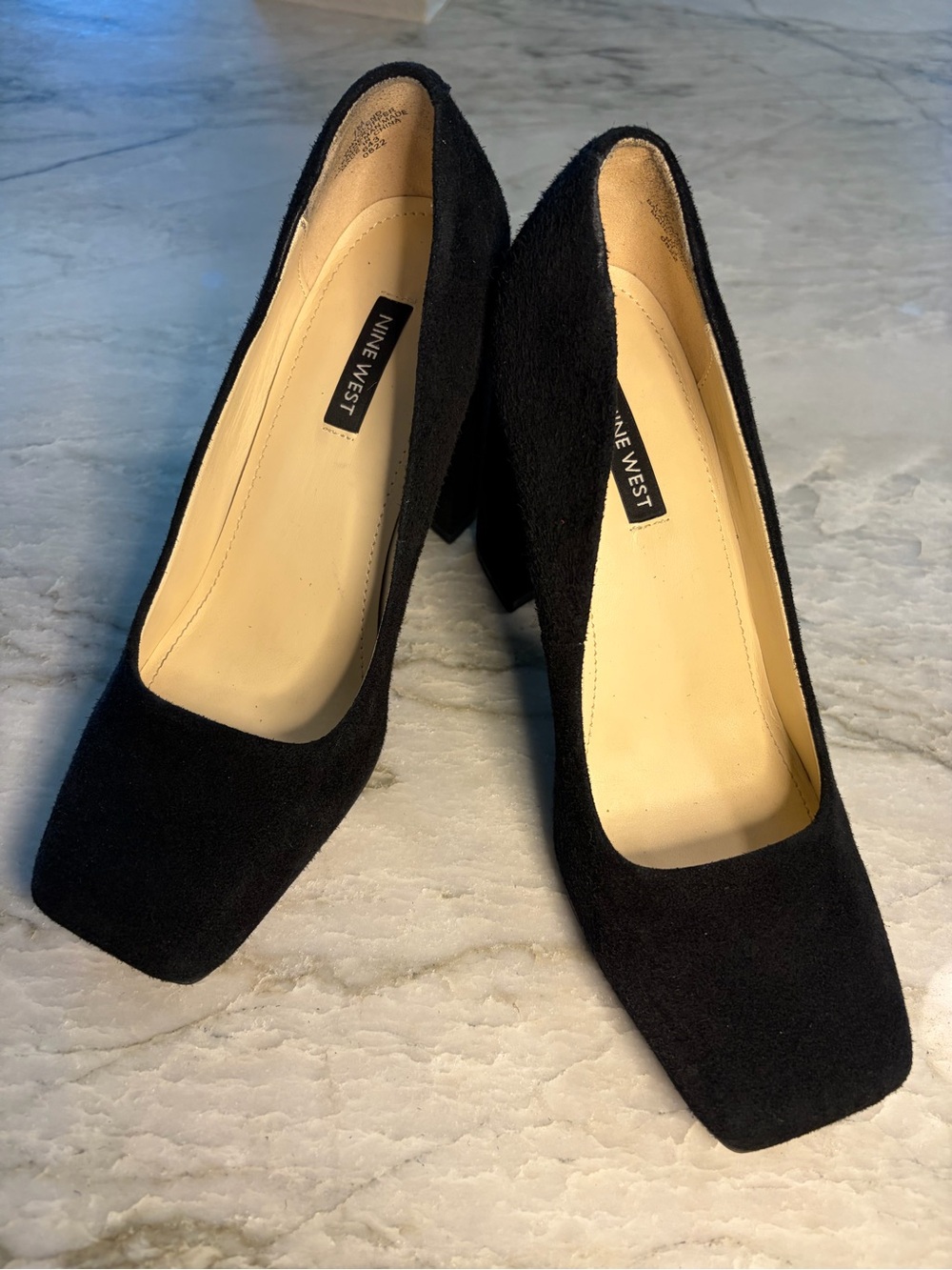 Nine West Black Suede Square Toe Block Heels